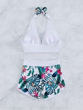 Women's White Halter Bikini Top & Tropical Print Swim Shorts